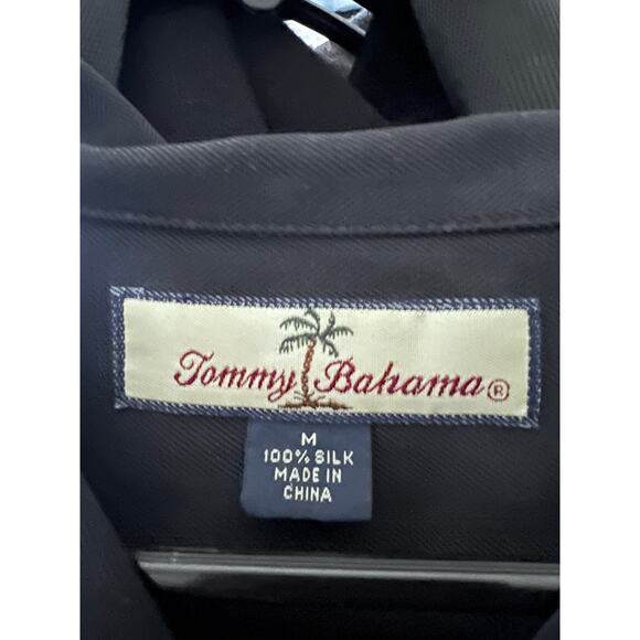 Tommy Bahama Black Embroider Vintage Hawaiian Button Up Silk Shirt M Pocket - Picture 6 of 8